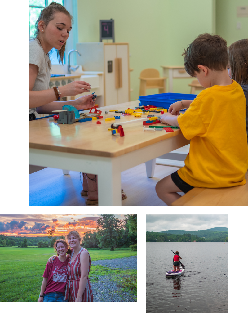 Three images of students in nature, students kayaking, and a student teaching kids